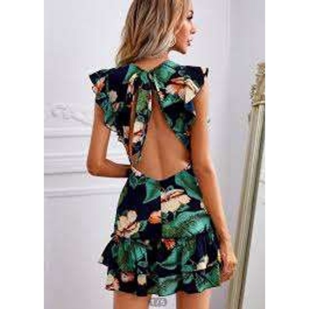 Shein Tropical Floral Open Back Ruffle Mini Dress Navy Blue Green Size 6 NWOT